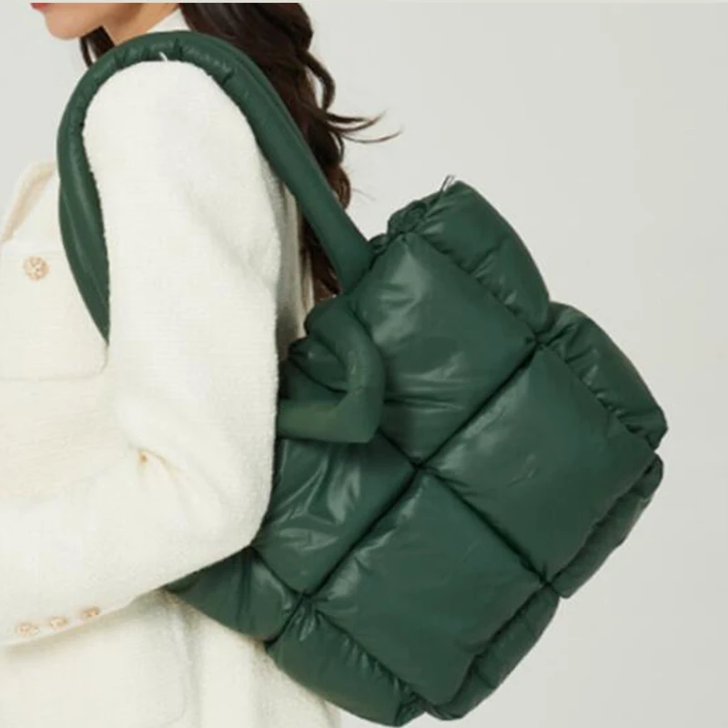 Designer Puffy Shoulder Bag Women Quilted Space Down Feather Padded Cotton Handbag Winter Large Capacity Warm Shopping Purse
