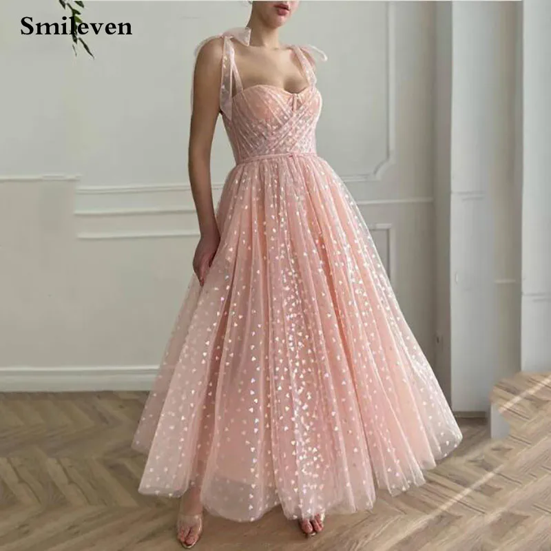 

Smilevven 2021 New Peach Pink Dots Stars Tulle A Line Prom Dresses Spaghetti Straps Tea Length Formal Party Gowns