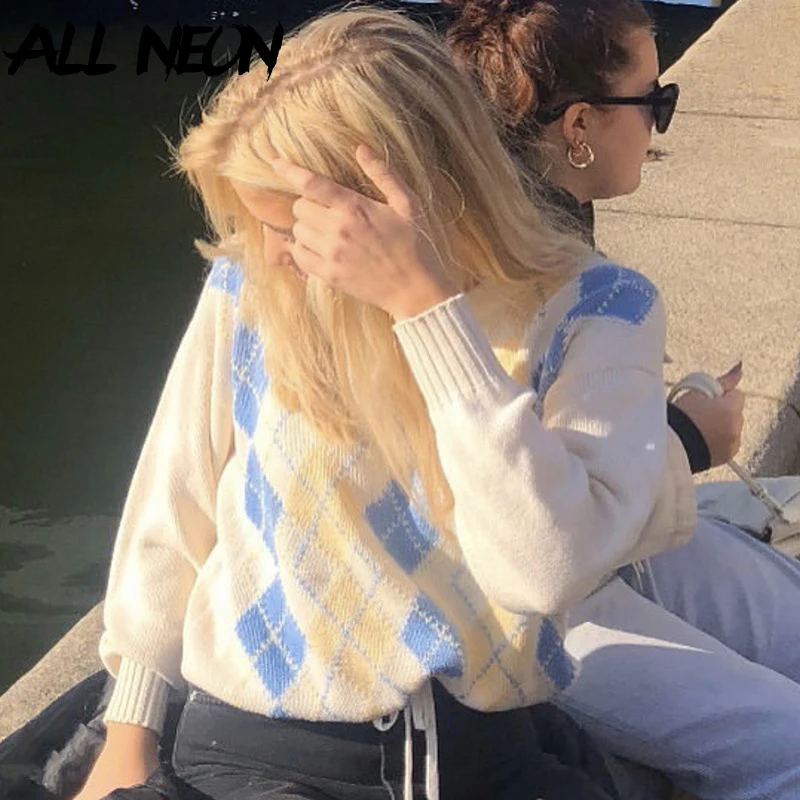 

ALLNeon Vintage 2000s Aesthetics Argyle Plaid Y2K Sweaters E-girl School O-neck Long Sleeve Oversized Knitted Sweaters Winter