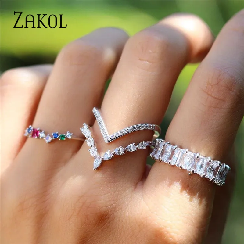 ZAKOL Fashion Mutilcolor AAA Baguette Cubic Zirconia Wedding Finger Rings for Women Luxury T Shape Stone Party Jewelry FSRP2119