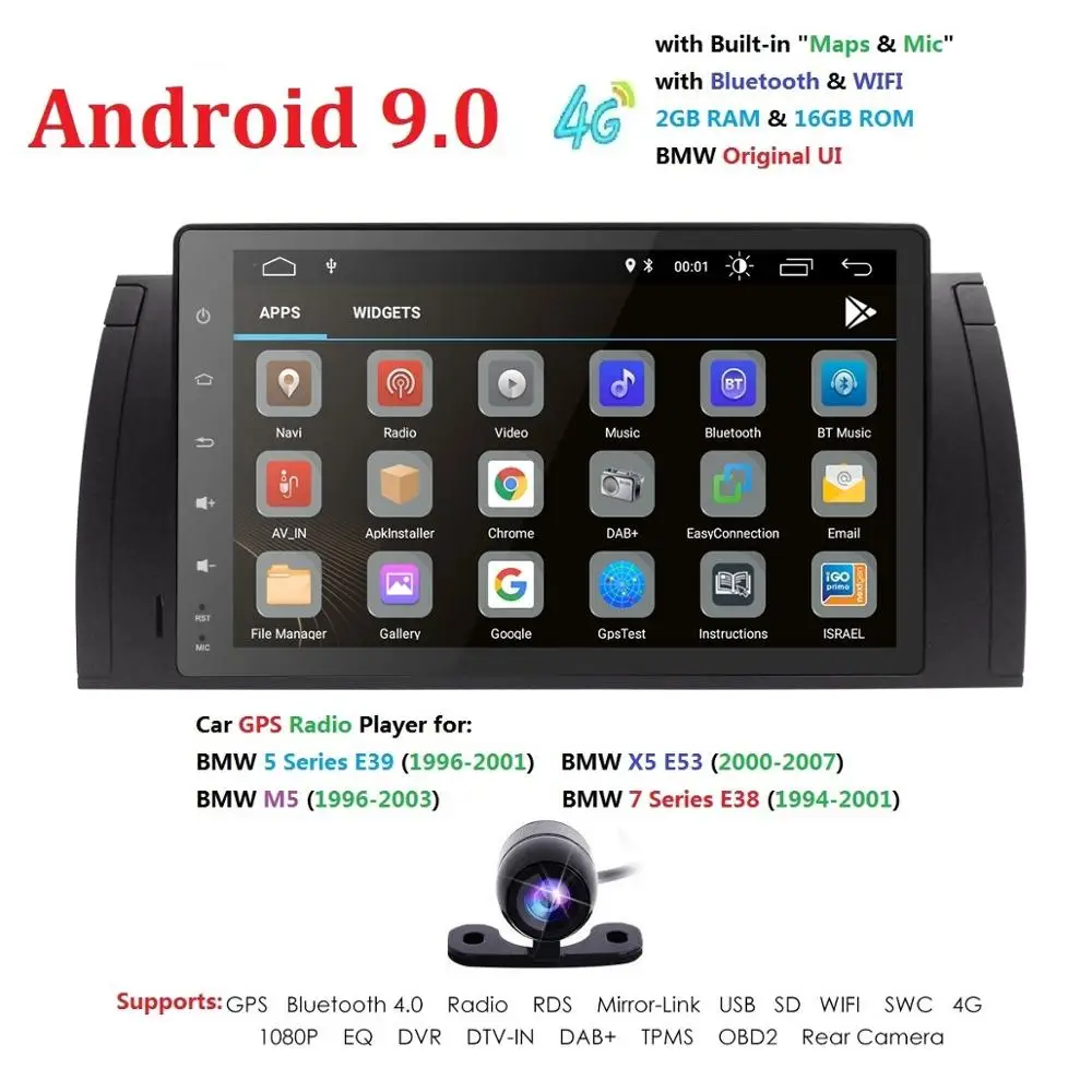Top 9"Android 9.0 Car NO DVD Radio multimedia for BMW E39 X5 M5 E53 DSP 4G WiFi BT GPS 4/8Core 2G+16G/4G+64G DVR RDS SWC CAM MAP DAB 3