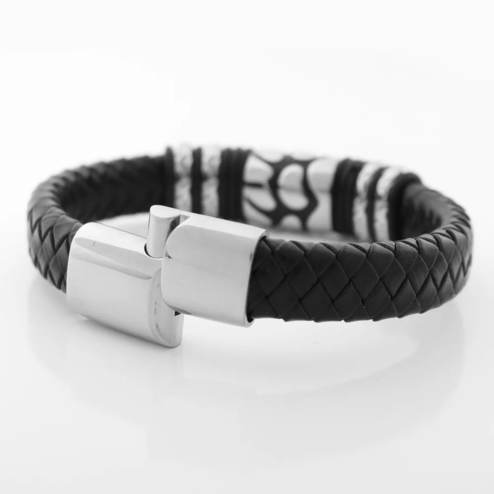 12MM Wide Braided Retro Genuine Leather Bracelet For Men Stainless steel Crack Bead Bracelets with Magnet Clasp