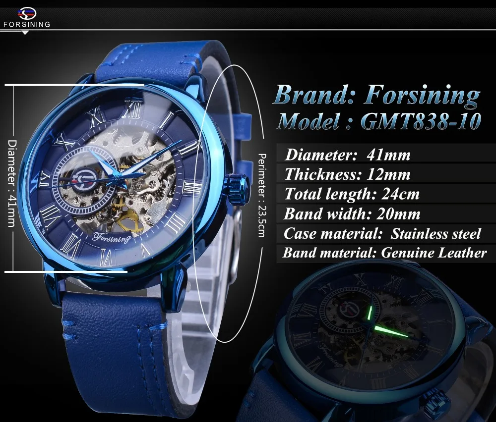 Forsining Mens Full Blue Mechanical Watches Hand Winding Analog Genuine Leather Belt Business Dress Wristwatch Relogio Masculino