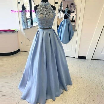 

Blue Sexy Backless Two Piece Prom Dresses Women High Neck Satin Vestido de gala Formatura Long Evening Gowns Lace Hot Sale 2020
