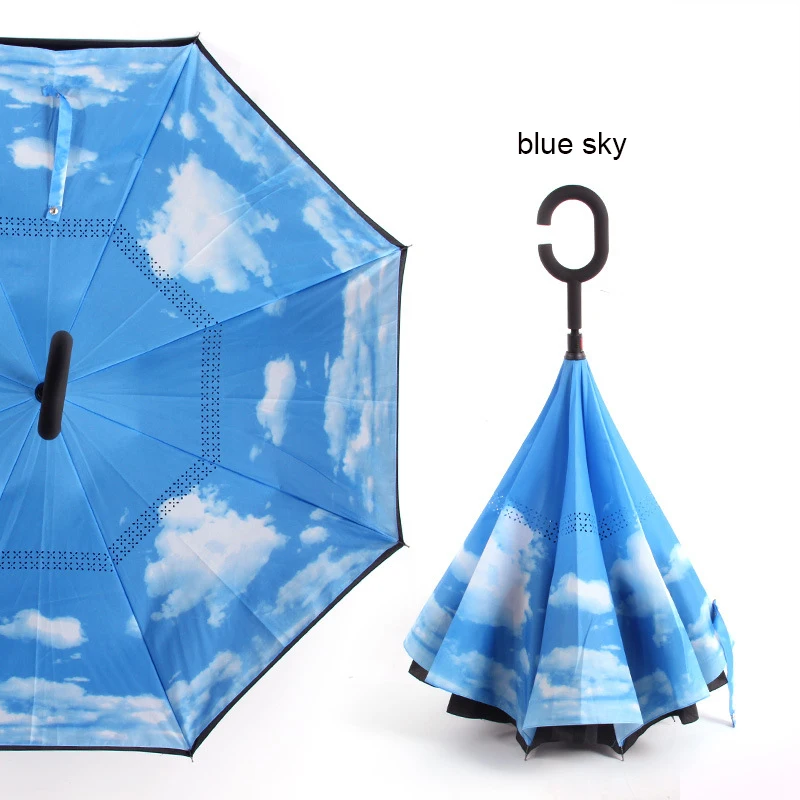 blue sky Inverted Umbrella Reverse Newspaper Anti UV Windproof Double Layer Umbrellas Sunny and Rainy Men and Women Stand Inside - Цвет: blue sky