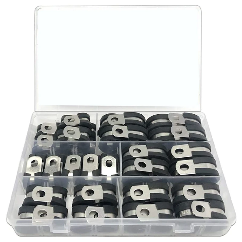 

54Pcs Cable Clamps Assortment Kit, Stainless Steel Rubber Cushion Pipe Clamps in 6 Sizes 3/4Inch 5/8 Inch 1/2 Inch ETC