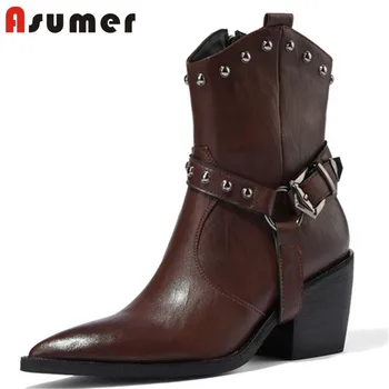 

Asumer 2020 top quality Western boots woman pointed toe zip rivet winter shoes thick heel fashion cool ankle boots women