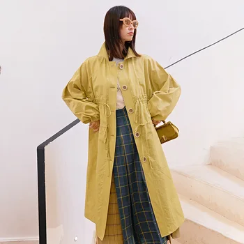 

LANMREM can ship Temperament loose Yellow Lapel long Windbreaker for women 2020 spring fashion new casual long Coat trench YH946