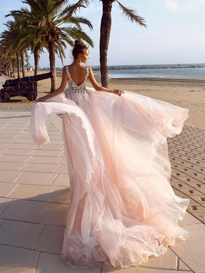 IvoryBlush V neck Appliques Lace Tulle Backless Beach Wedding Dresses 2020 Bridal Wedding Gown Vestido De Novias свадебное платье (2)