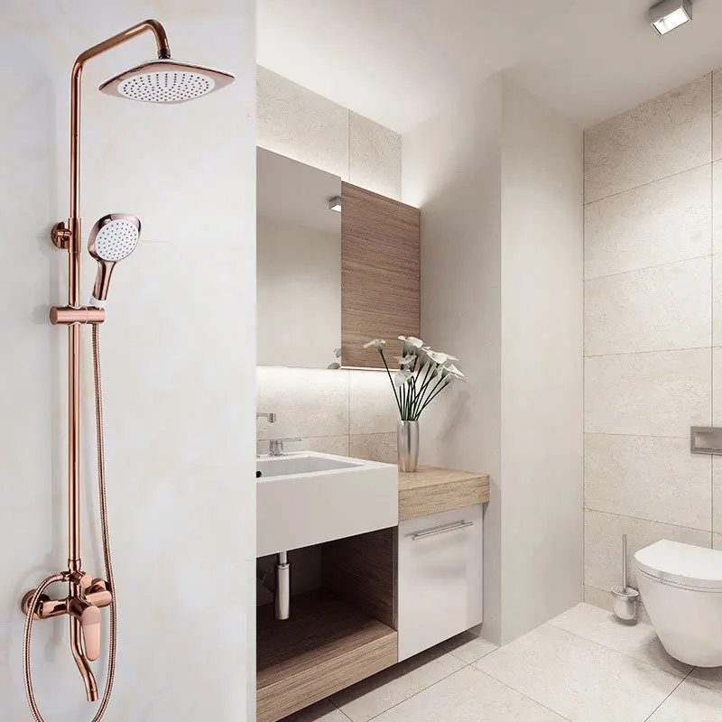 

Bathroom brass rose gold shower system wall mounted 8" rainfall shower mixer taps 3 functions single handle