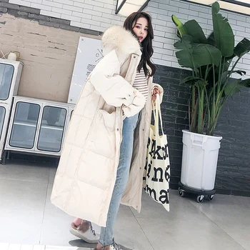 

New Winter Loose Down Jacket Thick Coat Female Outerwear Fashion White Fur Collar Hooded Warm Coat Women X-long Jacket