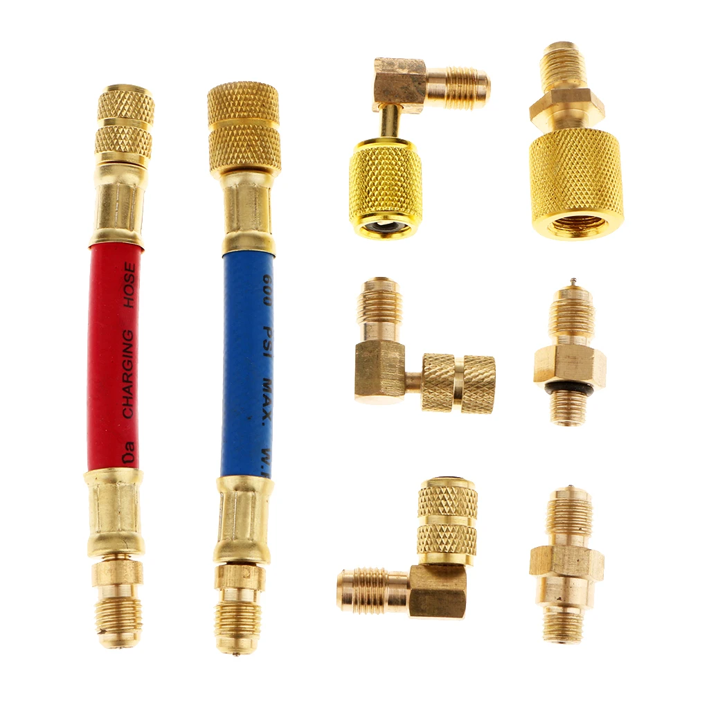 8 Pcs Car Air Conditioner Refrigeration Quick Connectors Port Adapters Couplers High Low AC Adapter Hose Kit