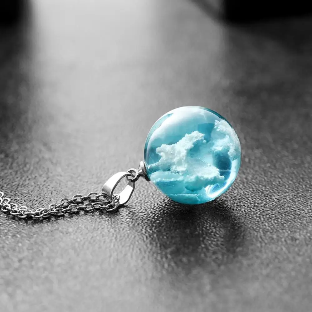 Ожерелье для женщин, натуральное голубое небо, белое облако, смола, прозрачное ожерелье для женщин, ювелирный подарок кулон Стимпанк 12X