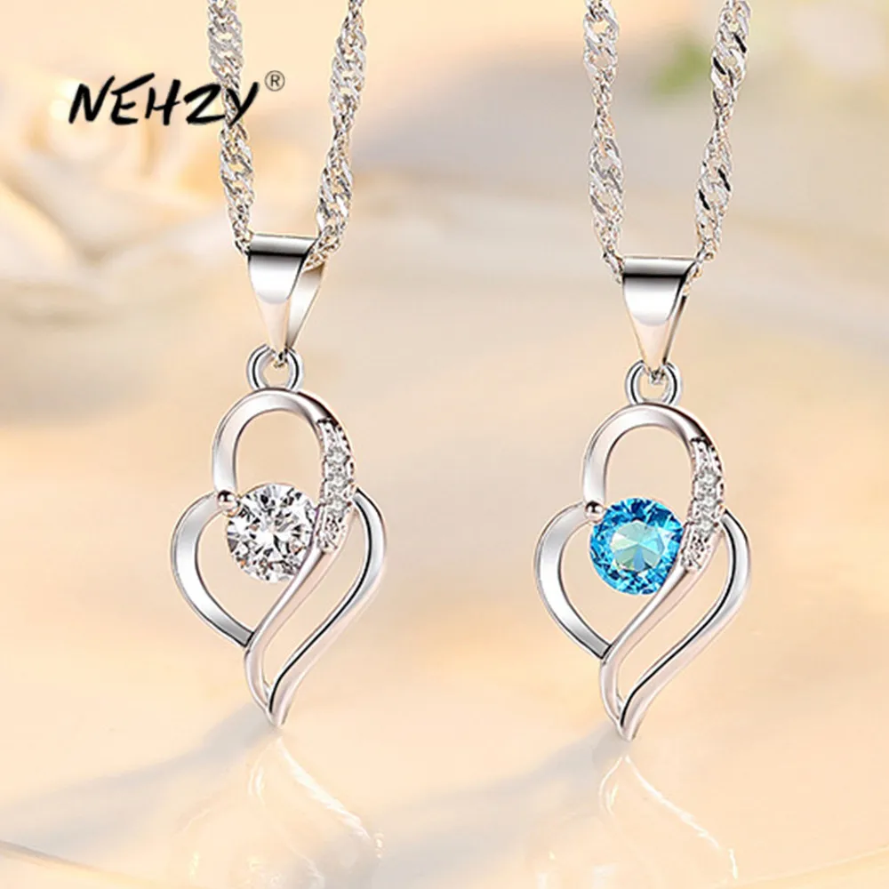 NEHZY 925 Sterling Silber Neue Frau Mode Schmuck Hohe Qualität Kristall Zirkon Hohl Herz Anhänger Halskette Länge 45CM