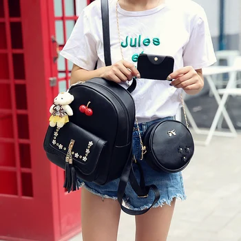 

3pcs/Set The New PU Leather 2020 Women's Backpack Tassel Backpack Fashion backpack Bow Bags Female Card package Decoration Bags