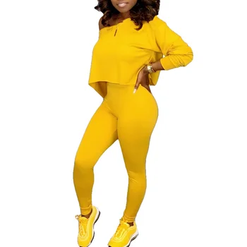 

New Woman Long Sleeve One Off Shoulder Casual Set Irregular Solid Fashion Top + Long Pants Tracksuit Female 2pcs Sets Xl