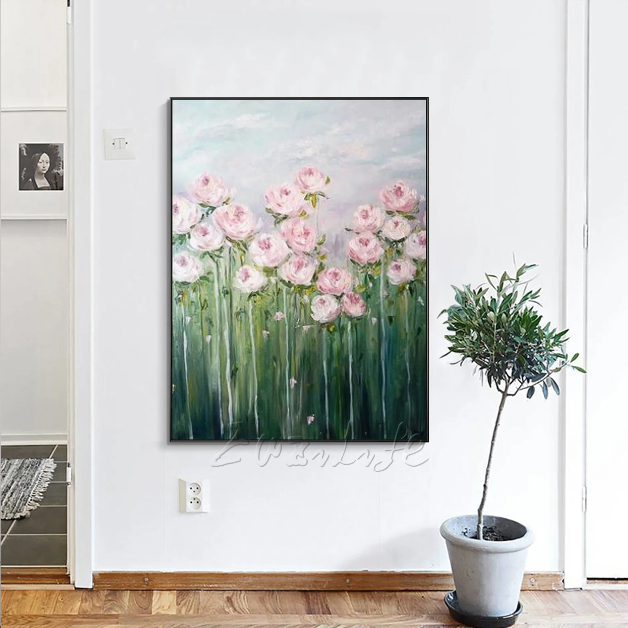 

Pinky Rose Flower Green Modern Abstract Painting On Canvas Large Original Wall Art Acrylic Texture Painting Living room Decor