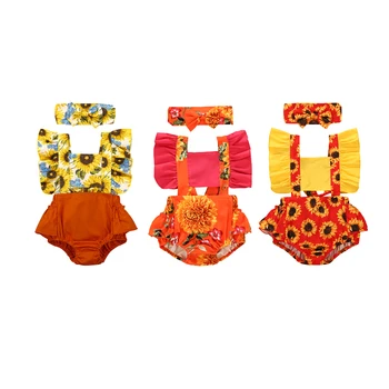 

Summer Infant Baby Girls Playsuits Headband Sunflowers Print Ruffles Short Sleeve Jumpsuits 0-24M