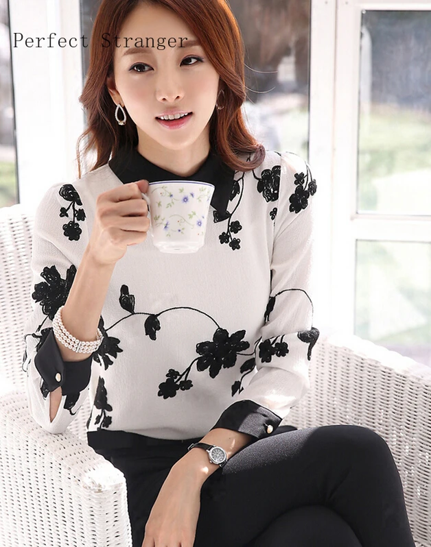 All Matching Stylish Hot Sale Peter Pan Collar Flower Printed Korean Plus Size Long Sleeve Women Chiffon Blouse | Женская одежда