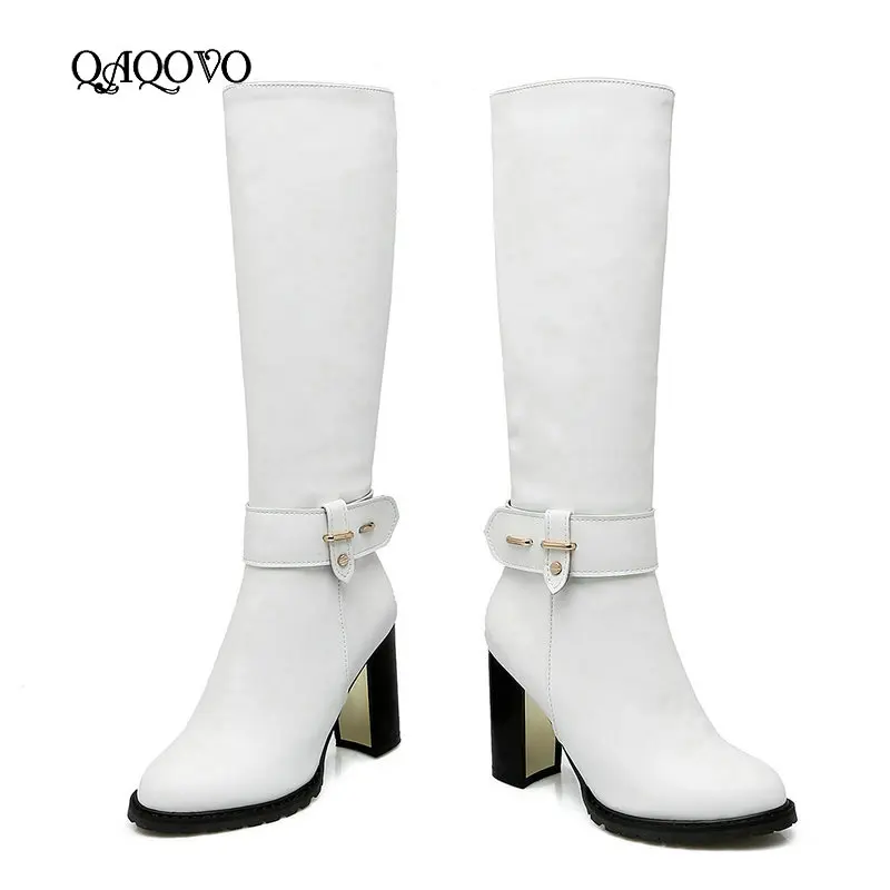 

Winter Plush Warm Women Boots Fashion Sqaure High Heel Knee High Boots Round Toe Zipper Boots Ladies Shoes Black White Brown