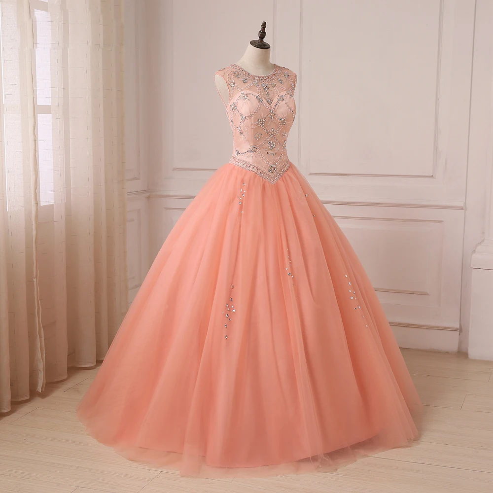 Quinceanera Dress Coral Scoop Sheer Neck Sleeveless Beaded Rhinestones Ball Gown Sweet 15 Dresses Tulle Party Gowns