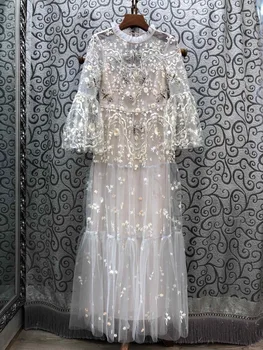 

2019 New Arrival Autumn Women High-end Mesh Trumpet Sleeve Flower Embroidery Dress Free Shipping Worldwide