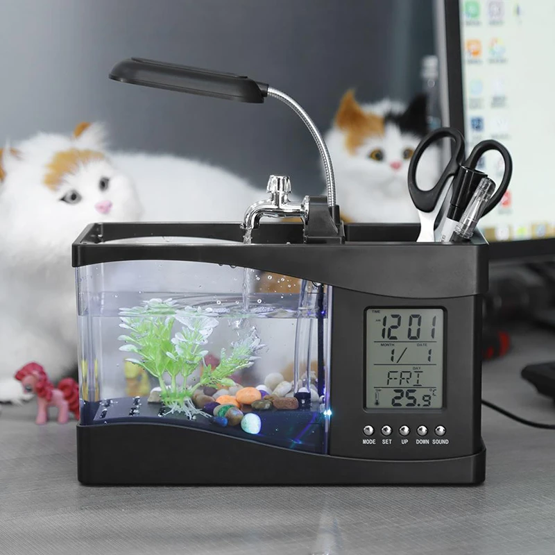 USB Desktop Mini Aquarium Fish Tank Beta Aquarium with LED Light LCD Display Screen and Clock Fish Tank Decoration with Pebbles