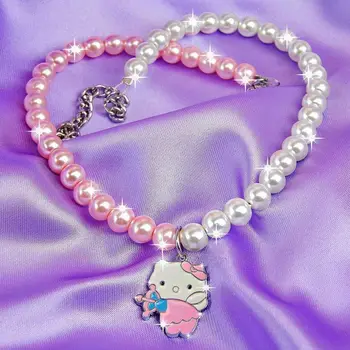 

Vintage Pink Hello Kitty Pendant Necklace For Women Girl Harajuku 90s Animal Cartoon Pearl Choker Trendy Jewelry 2020