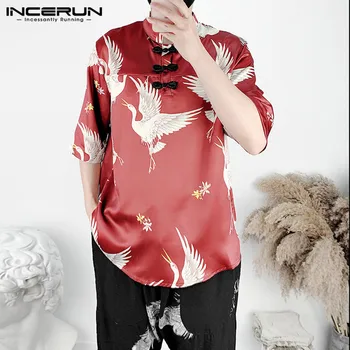 

INCERUN Summer Men Casual Shirt Printing Button Vintage Stand Collar Loose Half Sleeve Streetwear Chinese Style Male Shirts 2020