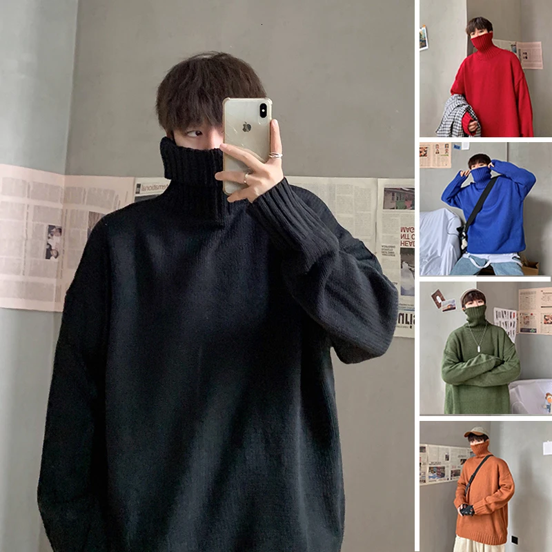 Winter Thick High Collar Sweater Men's Warm Fashion Solid Color Casual Knit Pullover Man Wild Loose Long Sleeve Sweater Male