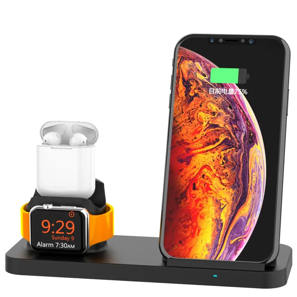 3 в 1 Беспроводной Зарядное устройство для наручных часов Apple Watch Series 4/3/2/1 Беспроводной зарядки для мобильного телефона для IPhone, samsung, huawei, Xiaomi, LG - Название цвета: Черный