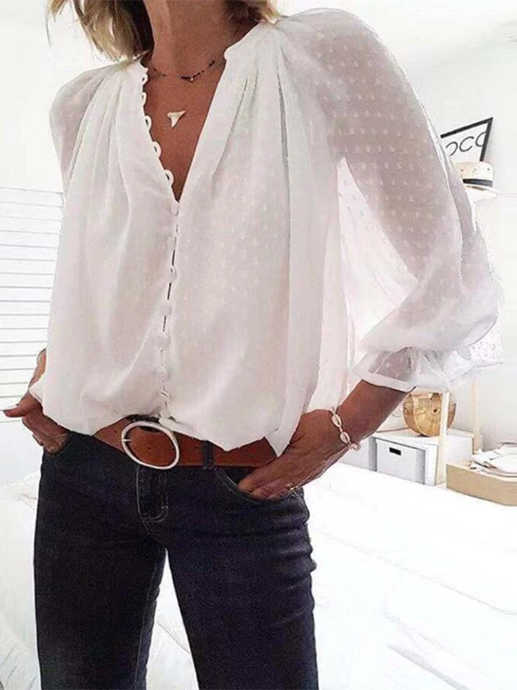 

Dots Button Long Sleeve Blouses Autumn Women Elegant Embroidery V-Neck Casual Shirt Female Stylish Basic Leisure Top