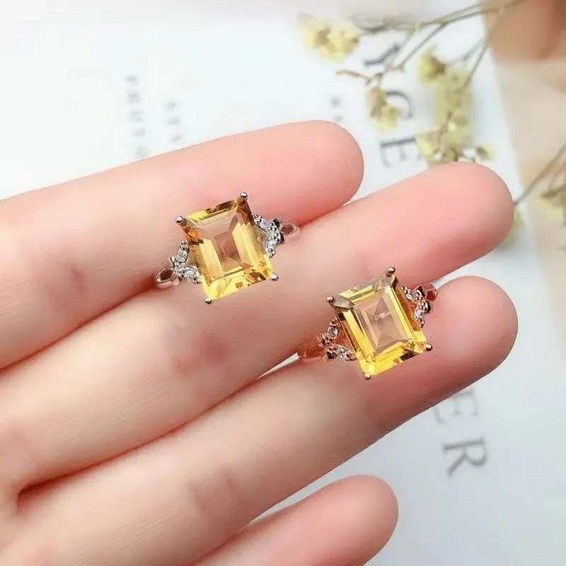 Genuine Natural Yellow Citrine Adjustable Size Ring Rectangle Woman 10x8mm Clear Cut Faceted Bead 925 Silver Wealthy AAAAA | Украшения и