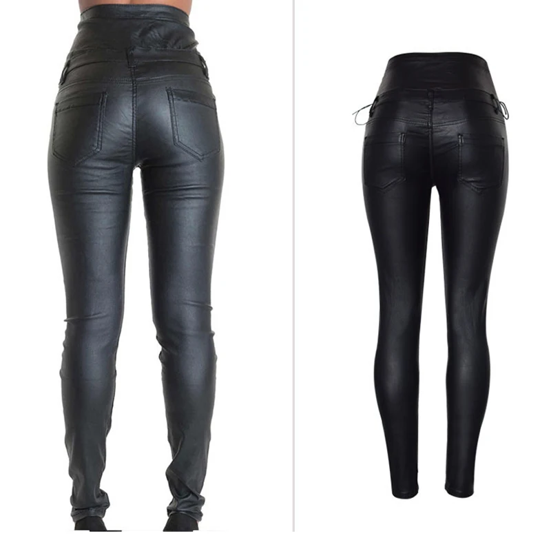 Летние черные женские брюки из искусственной кожи на шнуровке, большие размеры, женские брюки с высокой талией, черные брюки-карандаш, Pantalon Femme