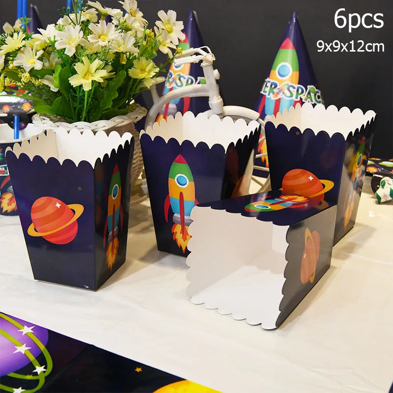 6pcs popcorn box Вечерние принадлежности для украшения в космическом космосе для мальчиков, набор одноразовой посуды с изображением космонавта, ракета, воздушные шары из алюминиевой фольги - Цвет: 6pcs popcorn box