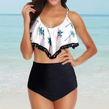 VERTVIE 2020 Sexy Summer Women Two Pieces High Flounce Bikini Set Trim Swimwear Bathing Suit Beach Casual Print Swimwear biquini