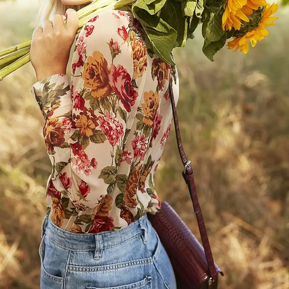 

Vintage red flower print blouse women ruffles shirt casual button Chiffon ladies top summer office boho clothing za