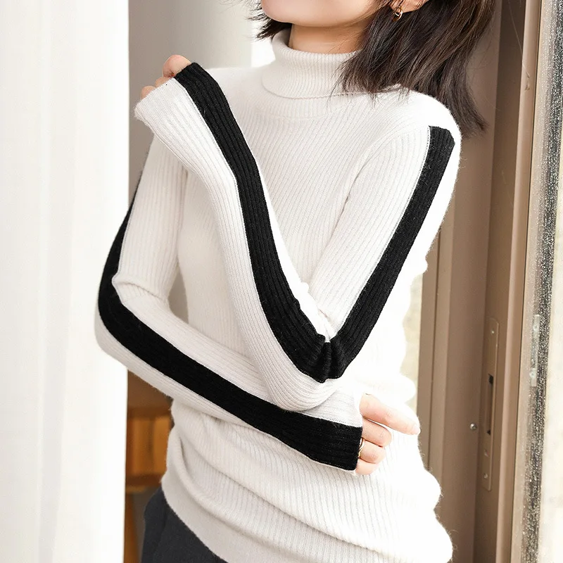 

YICIYA Color Sleeve Head Sweater Woman Short Fund Self-cultivation Pure Cashmere Close Knitting Rendering Unlined Upper Garment