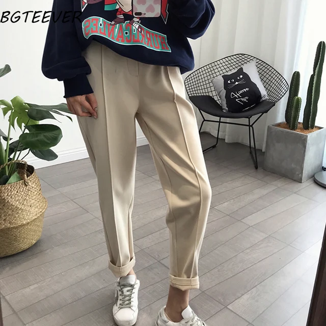 BGTEEVER Winter Thicken Women Pencil Pants Wool Pants Female Autumn High Waist Loose Trousers Capris Soft Good Fabric apricot
