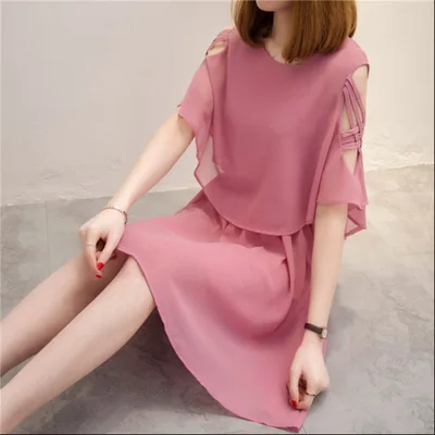 

Photo Shoot Chiffon Dress Mid-length Spring Clothing New Style Korean-style Slimming Summer Short-sleeved High-waisted off-Shoul