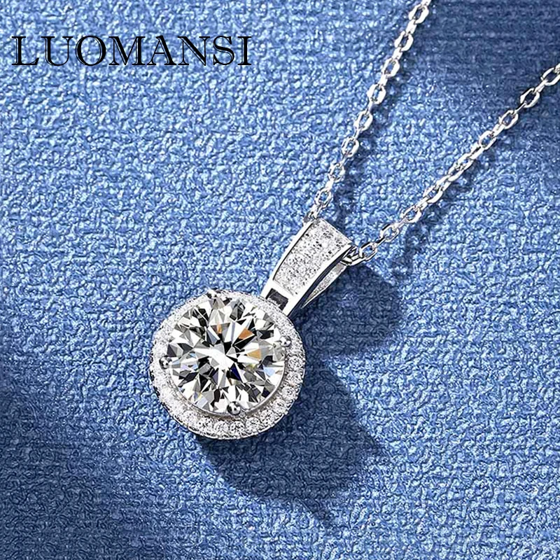 

Luomansi 1CT 2 Carat D VSS Real Moissanite Necklace Passed Diamond Test S925 Sterling Silver Wedding Party Women's Fine Jewelry