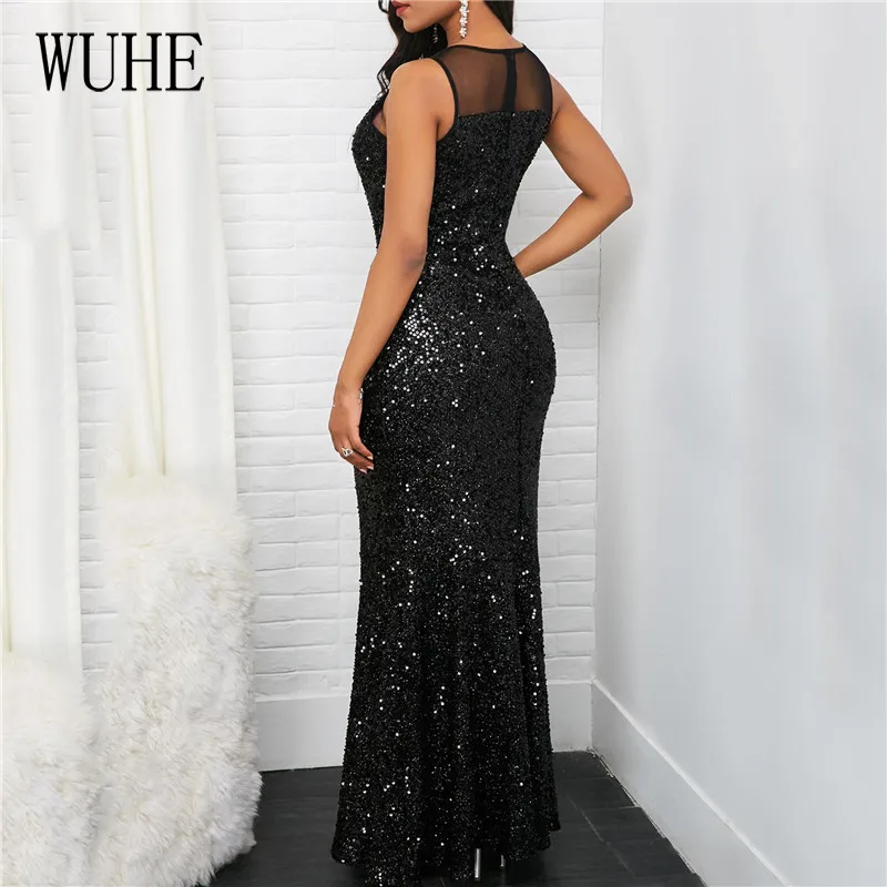 WUHE Vestidos сексуальное платье без рукавов Облегающее с блестками длинное платье Для женщин Открытые элегантные туфли в стиле знаменитостей; вечерние Клубные женские черные вечерние туфли с блестками