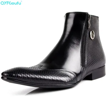 

QYFCIOUFU Pointed Toe Snake Pattern Chelsea Boots Men Italy Style Fashion Ankle Brogue Zipper Casual Genuine Leather Dress Boots