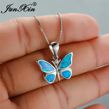 

Cute Animal Butterfly Pendant Blue White Fire Opal Necklaces For Women Silver Color Rainbow Stone Wedding Choker Jewelry