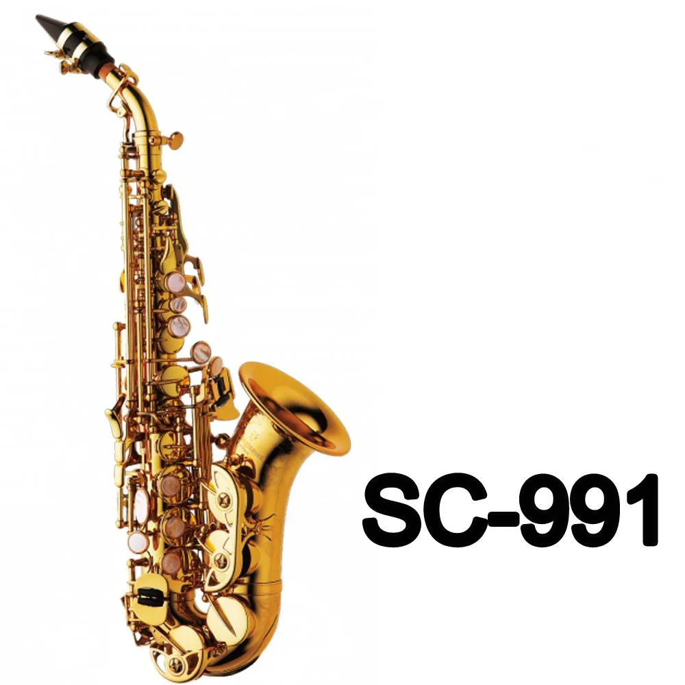 

Music Bb Curved Soprano Saxophone SC-991Gold Lacquer Brass Sax Professional Mouthpiece Patches Pads & Reeds Bend Neck