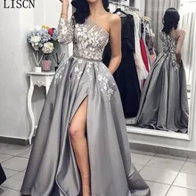 Robe de Soiree формальный пояс с высокой стороны Сплит серый атласное вечернее платье белое кружевное вечернее платье с карманами одно плечо с длинным рукавом