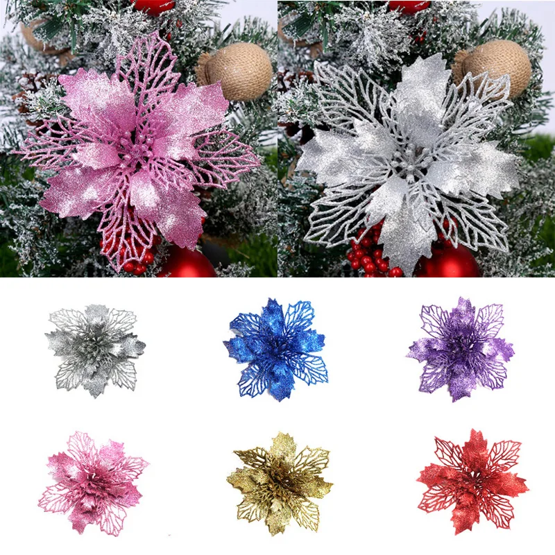 5pcs Artificial Christmas Flowers Glitter Fake Tree Decor Merry Decorations For Home Xmas Ornament |
