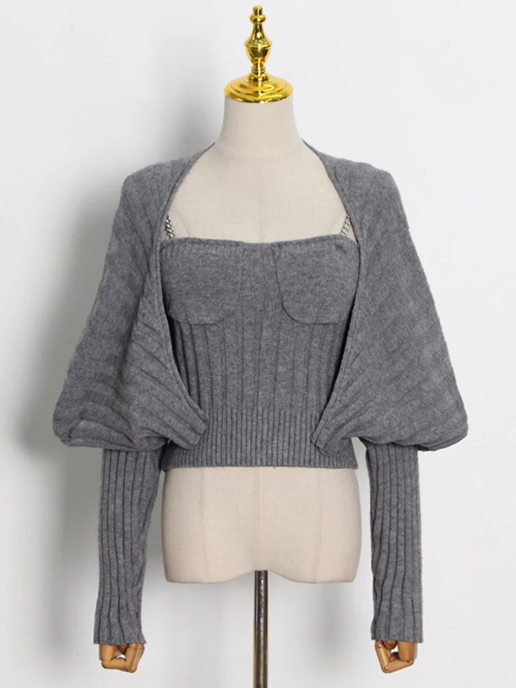 ECRURANI Casual Solid Two Piece Set Women Square Neck Sleeveless Vest Long Sleeve Loose Shawl Black Suit 2021 Autumn Clothes New