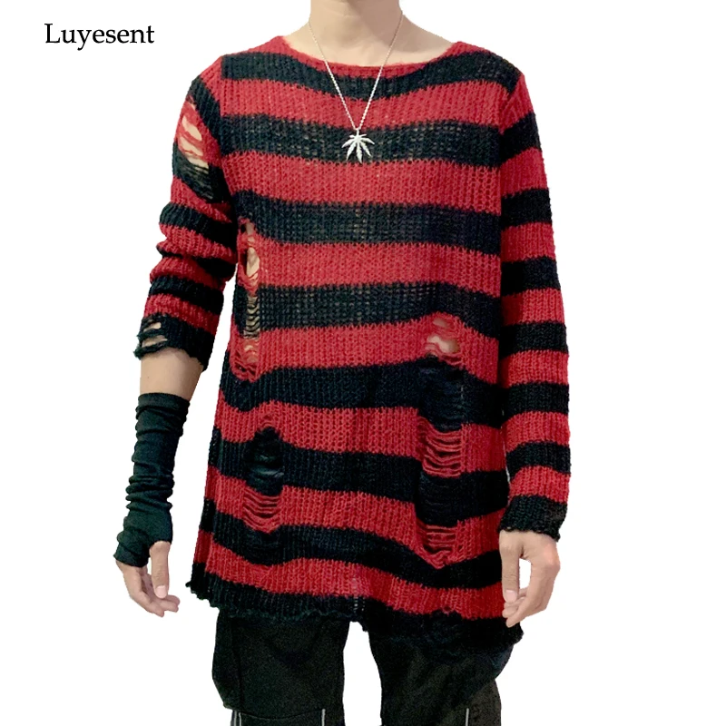 Punk Gothic Cool Male Striped Long Sweater Man Stretch Thin Pullover Broken Sweaters Hollow Out Slit Spring KnitTop Jumpers 2021