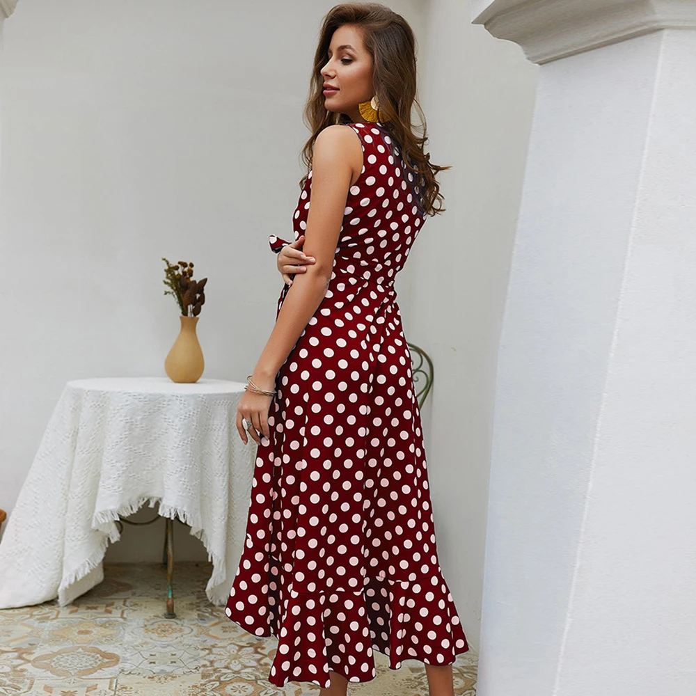 Boho женское летнее праздничное платье в горошек макси с v-образным вырезом Повседневный пляжный Длинный Сарафан